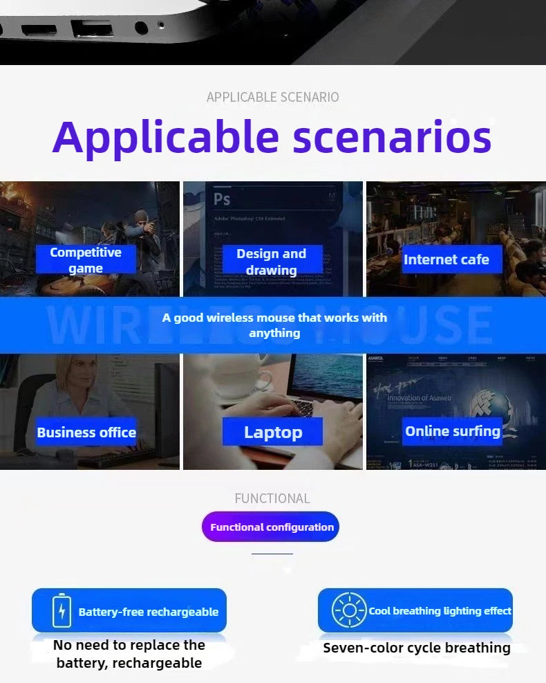 Gaming Computer Mouse #6 - Rechargeable, Wireless, Bluetooth, USB Mechanical Option, E-Sports, Backlight
