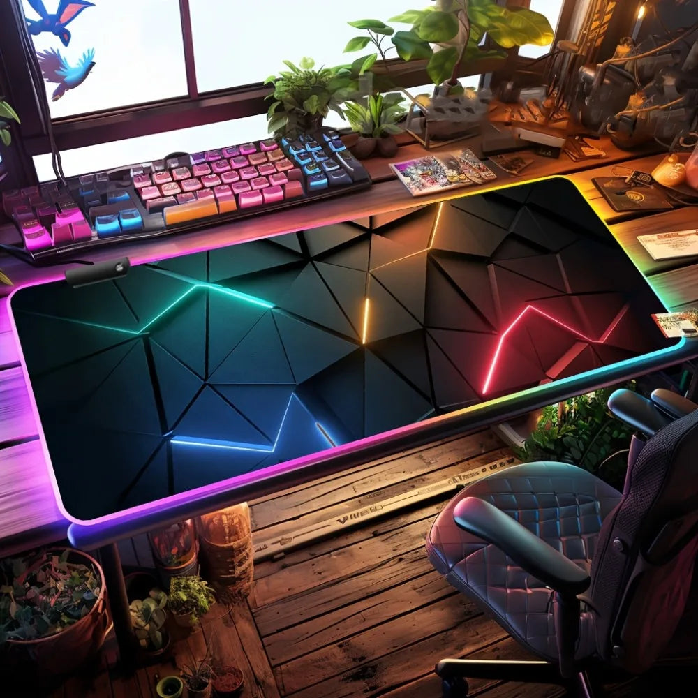 Gaming Mouse Pad #3 - with RGB Lighting, Featuring Various Geometric Line Patterns, Equipped with Button Controls for Light Modes.