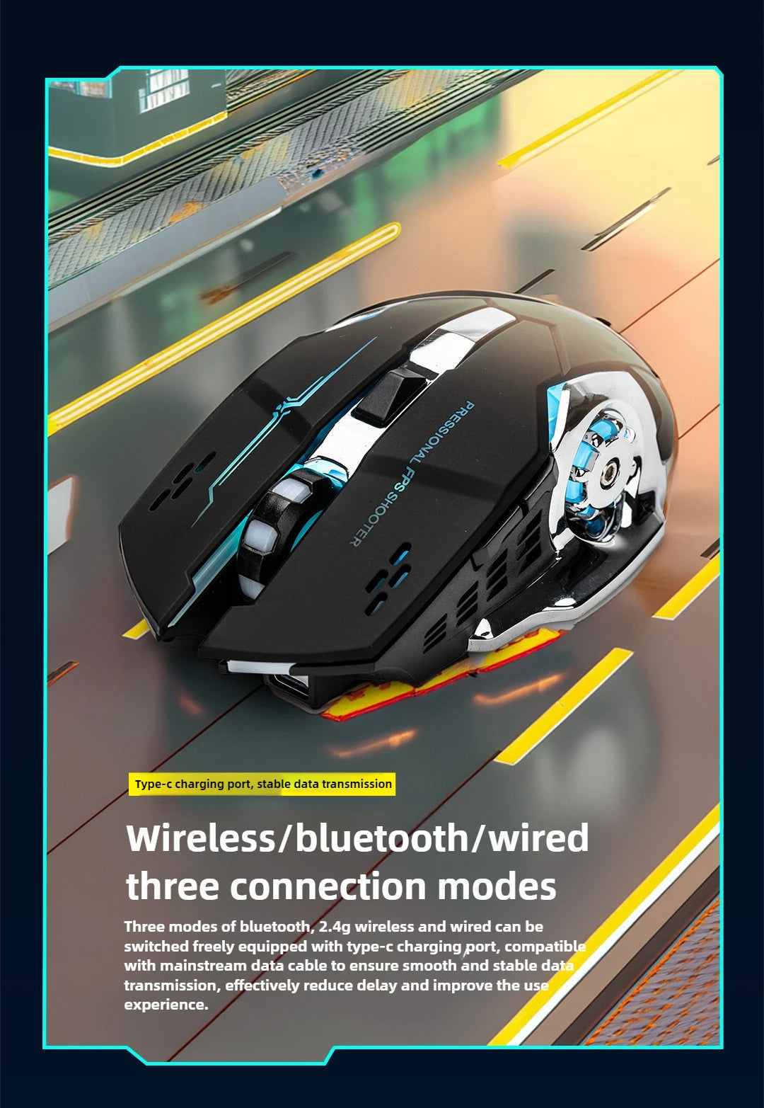 Gaming Computer Mouse #6 - Rechargeable, Wireless, Bluetooth, USB Mechanical Option, E-Sports, Backlight