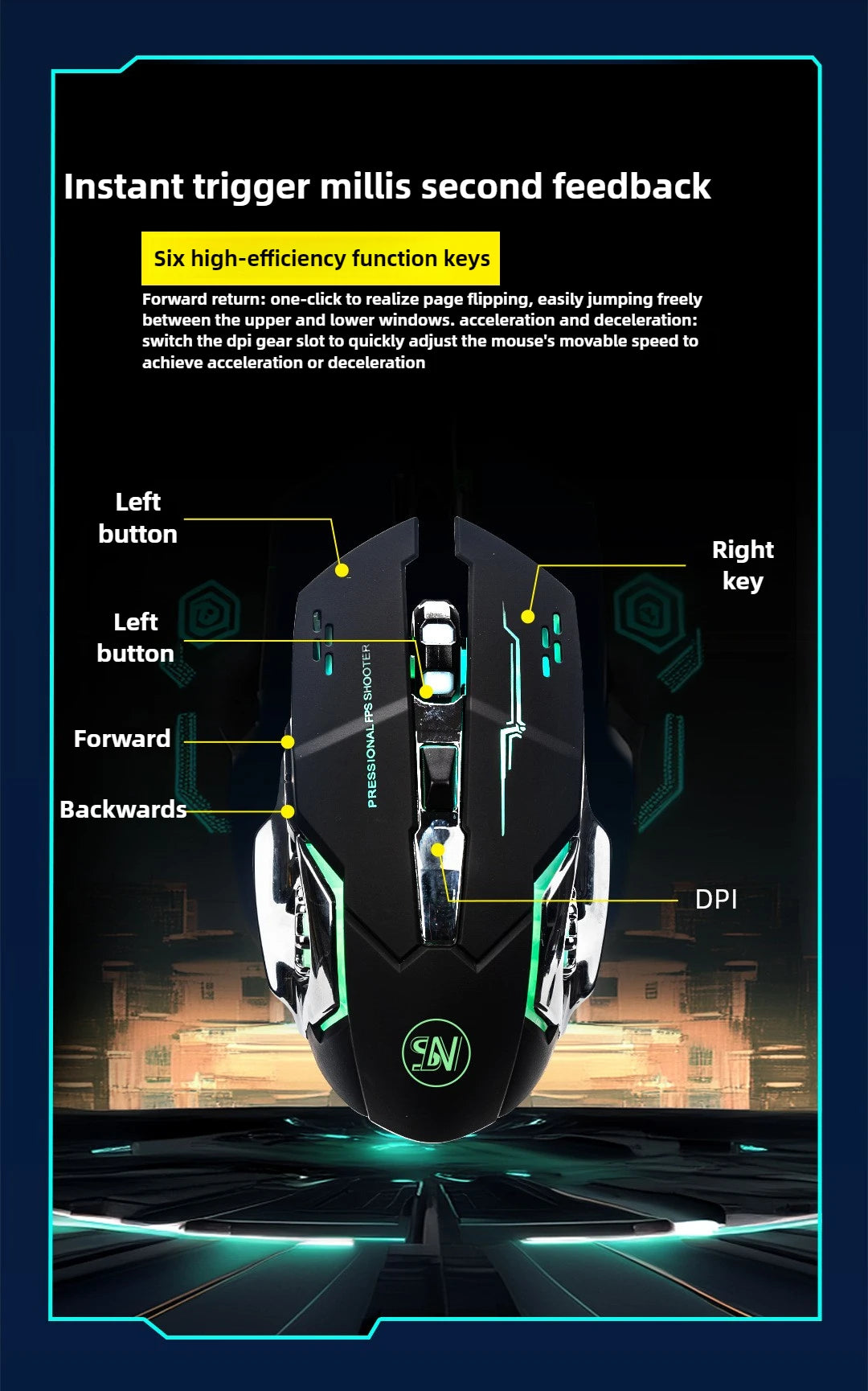 Gaming Computer Mouse #6 - Rechargeable, Wireless, Bluetooth, USB Mechanical Option, E-Sports, Backlight